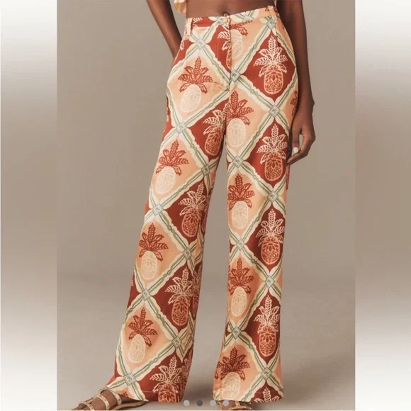 πHOST PICK πFARM Rio x Anthropologie Pink and Orange Pineapple Wide Leg Pants - Picture 1 of 10